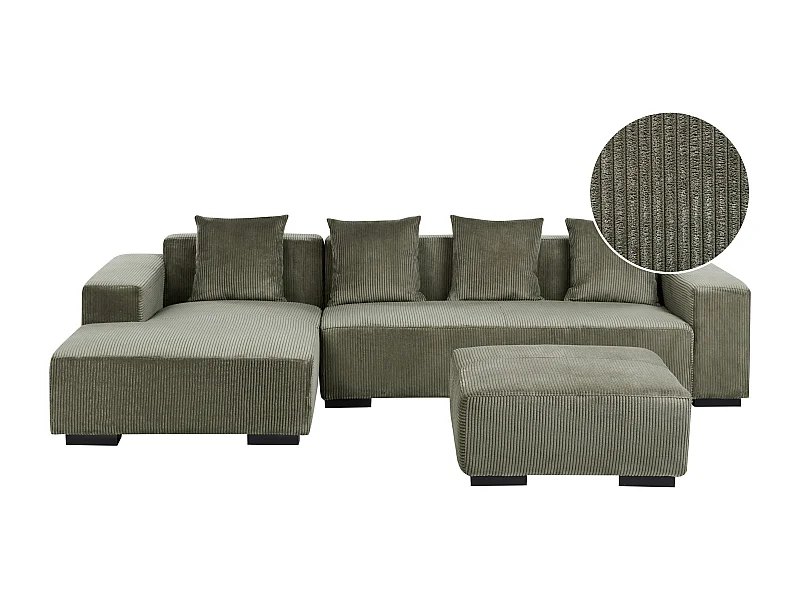 Canapé Angle Moderne à gauche 4 Places avec Ottoman Forme de L Coussins Supplémentaires Velours Côtelé Vert Lungo