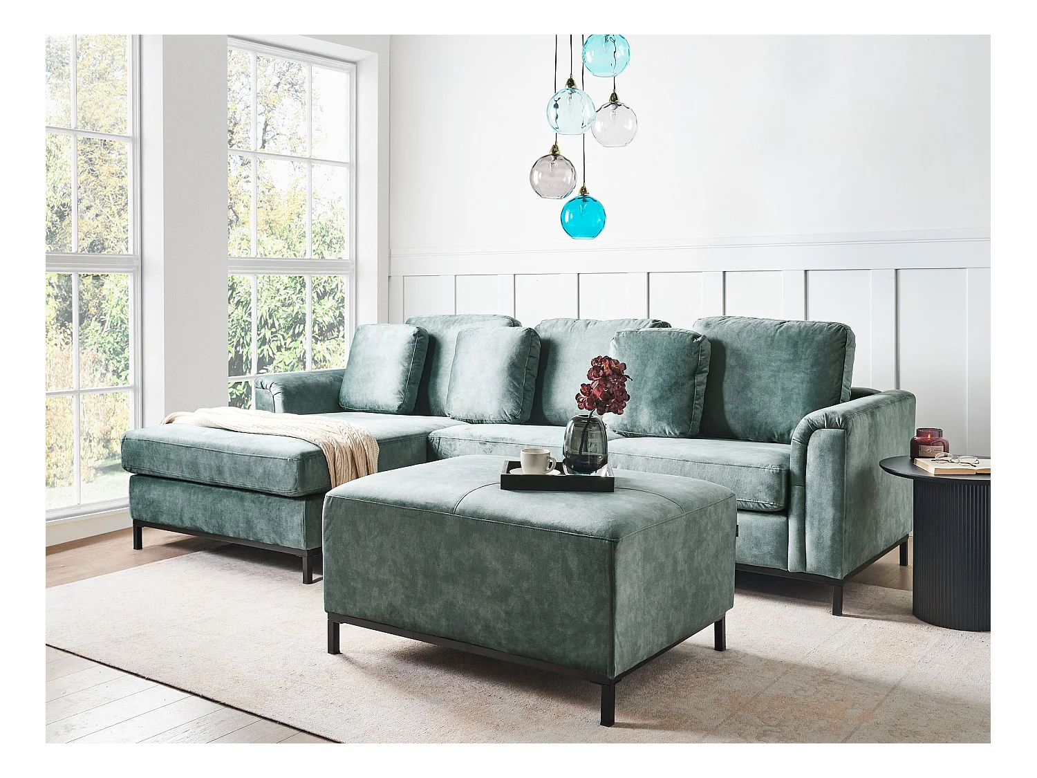 Canapé d'Angle à gauche avec Ottoman Moderne en Velours Forme en L Hydrofuge Pieds en Acier Bleu Sarcelle Oslo