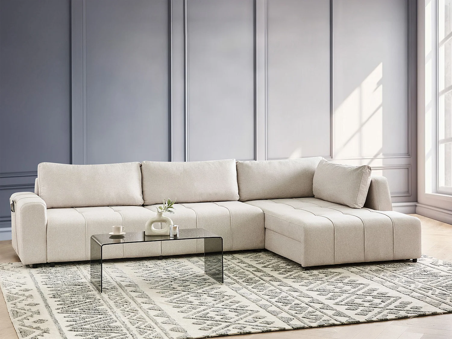 Canapé-lit d'angle 4 places INNVIK Tissu Beige clair avec rangement Côté droite