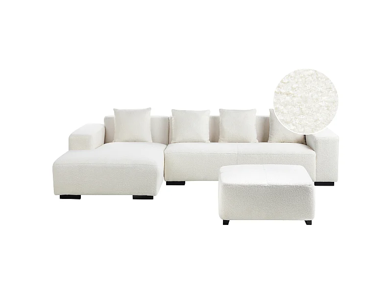 Ecksofa LUNGO Bouclé Weiss mit Ottomane 4-Sitzer rechtsseitig