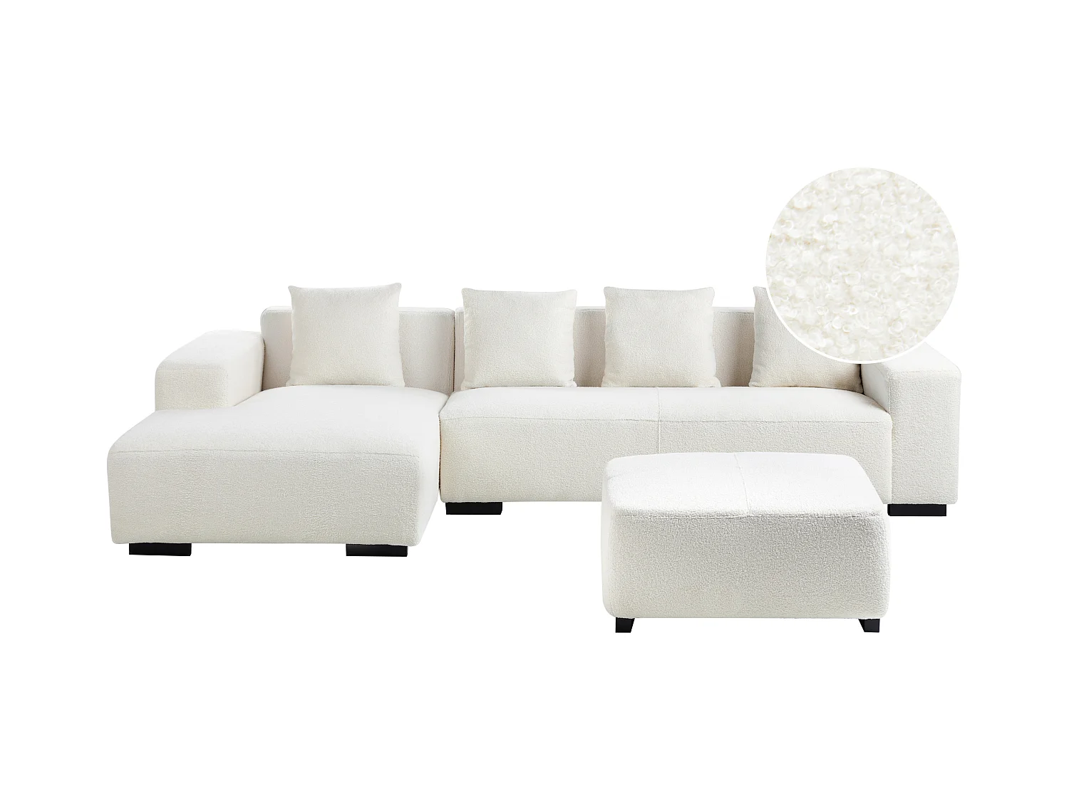 Canapé Angle Moderne à gauche 4 Places avec Ottoman Forme de L Coussins Supplémentaires Bouclé Blanc Lungo