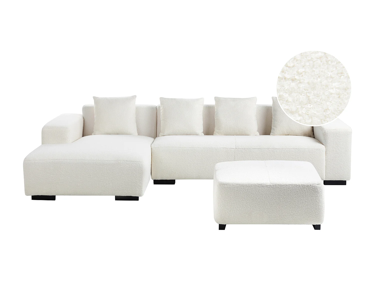 Ecksofa LUNGO Bouclé Weiss mit Ottomane 4-Sitzer rechtsseitig