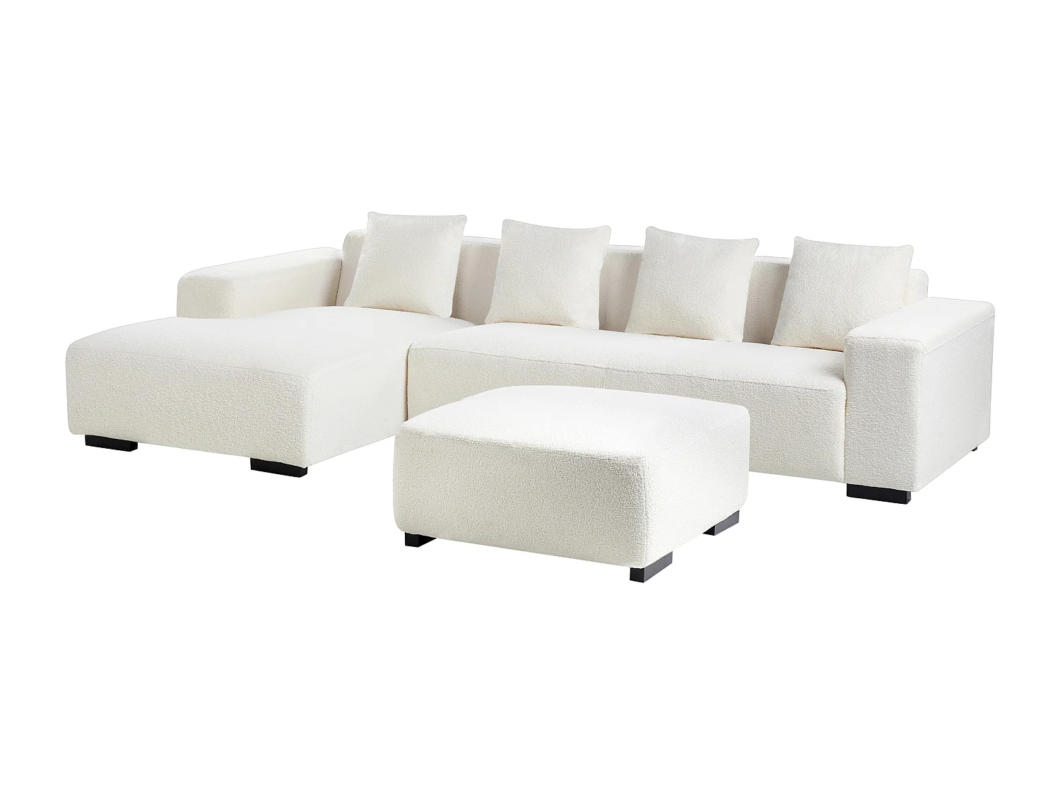 Ecksofa LUNGO Bouclé Weiss mit Ottomane 4-Sitzer rechtsseitig