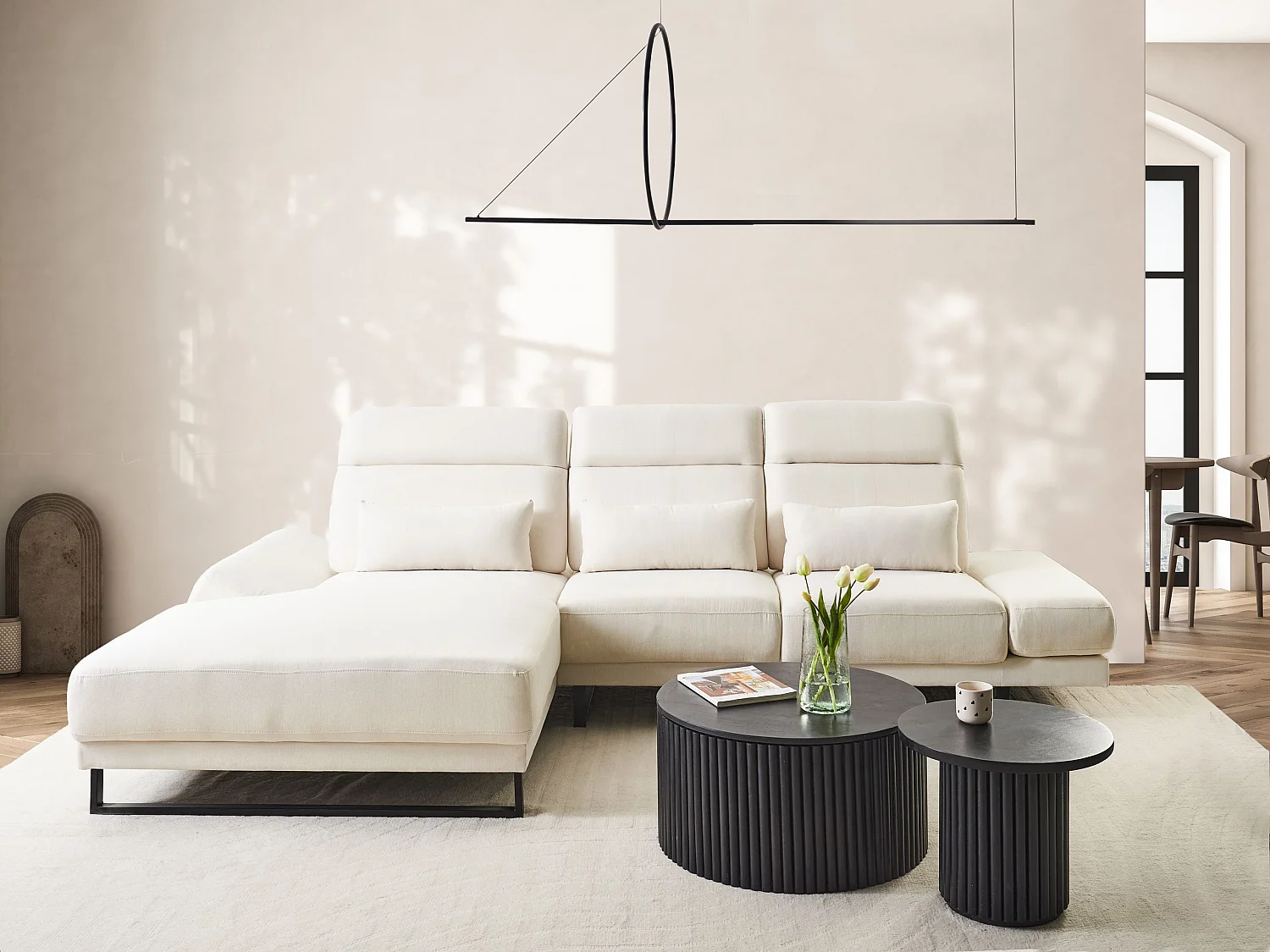 Canapé d'angle IKAST Tissu Blanc cassé 4 places Côté droit