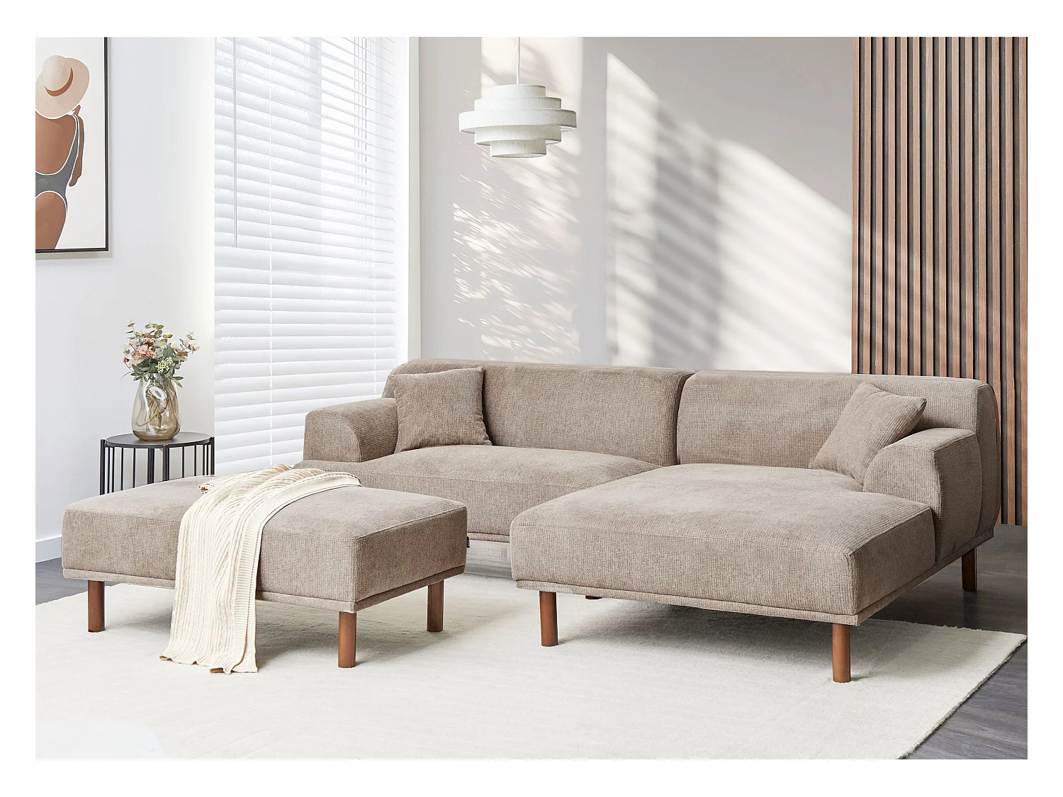 Sofá de canto HOLT Tecido Taupe com repousa-pés 3 lugares à esquerda