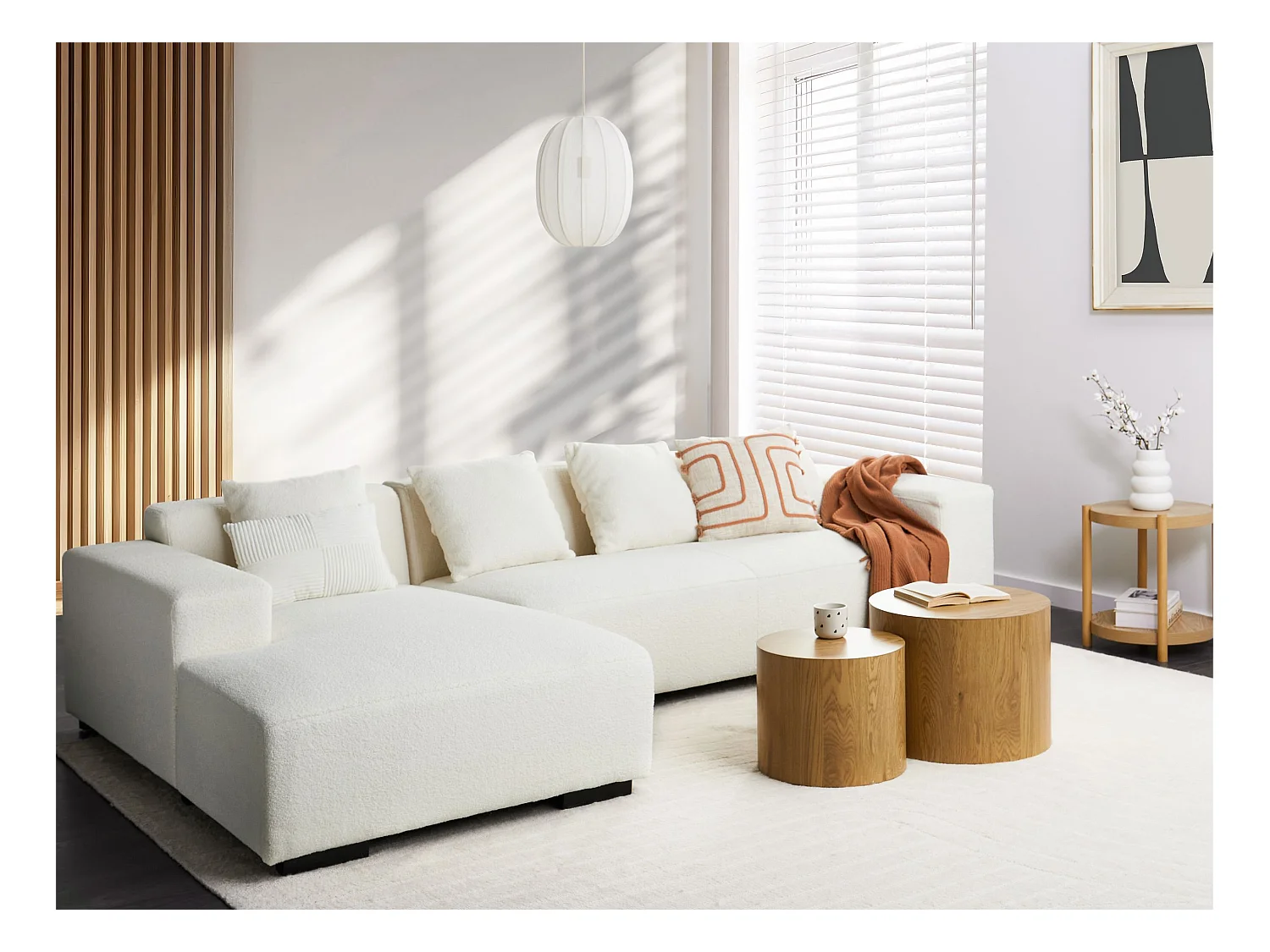 Divano angolare LUNGO Bouclé Bianco 4 posti Lato destro