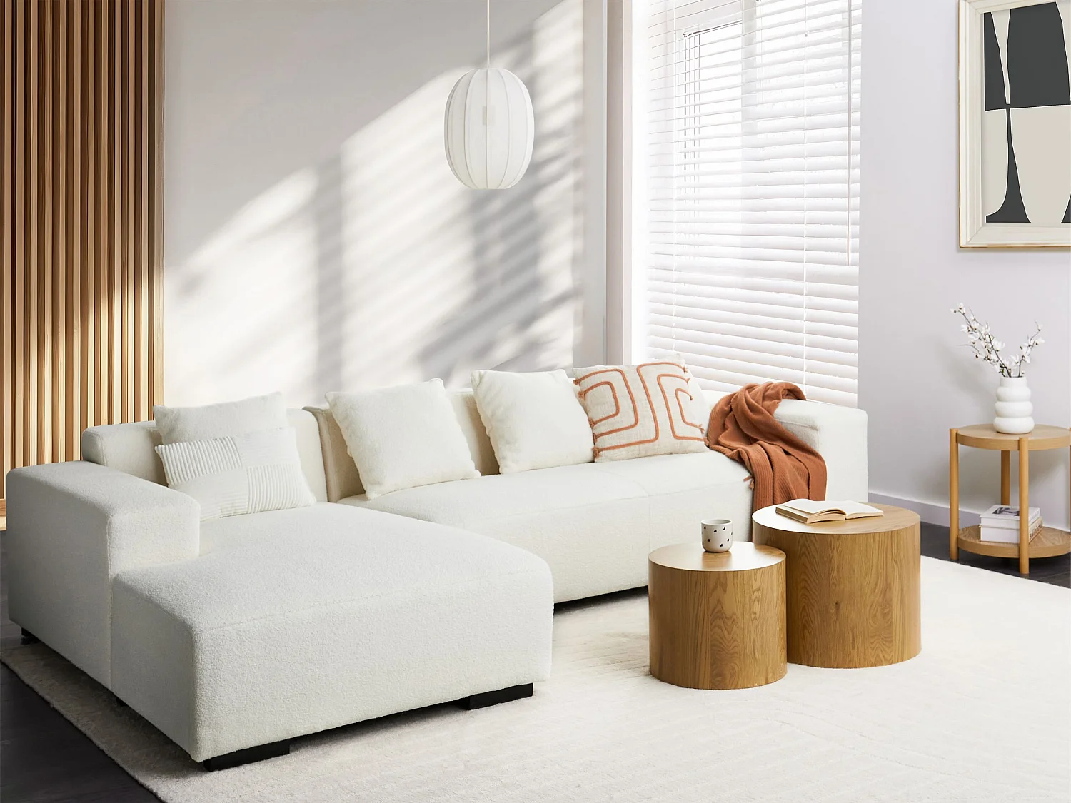 Canapé Angle à gauche 4 Places Forme de L avec Coussins Supplémentaires en Bouclé Blanc Lungo