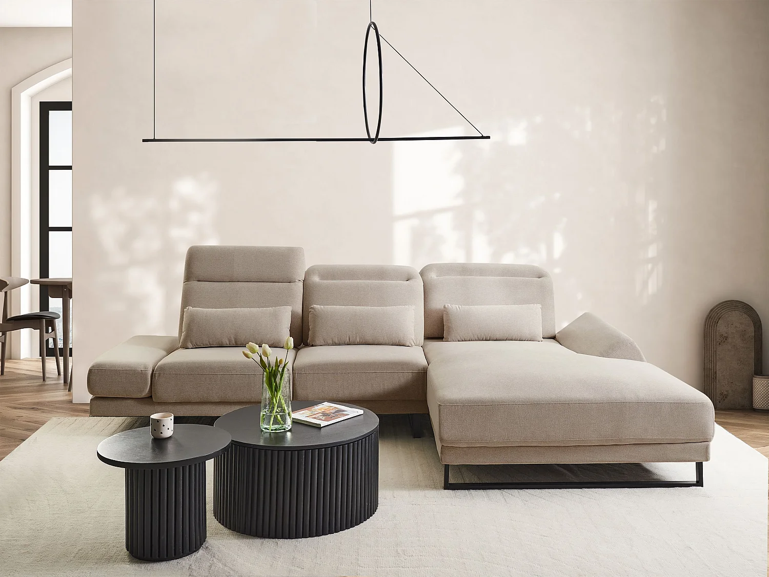 Canapé d'Angle à droite en Polyester Rembourré Meuble de Salon Pieds en Acier Accoudoirs et Dossier Réglables Taupe Ikast