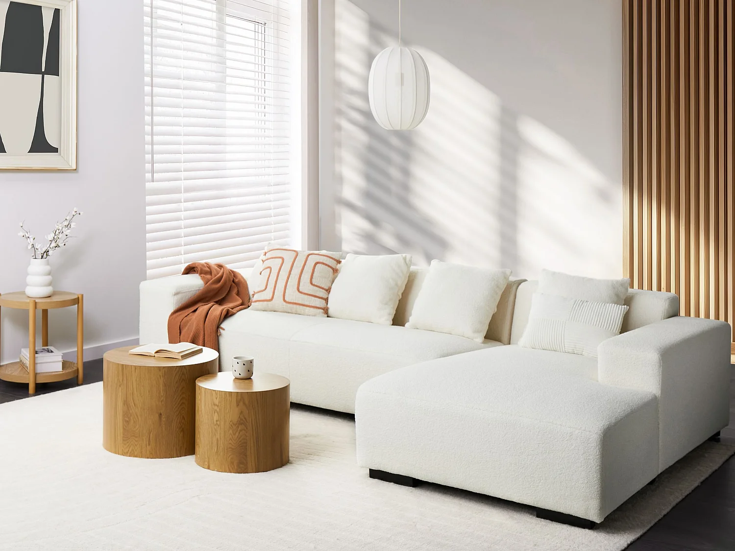 Canapé Angle à droite 4 Places Forme de L avec Coussins Supplémentaires en Bouclé Blanc Lungo