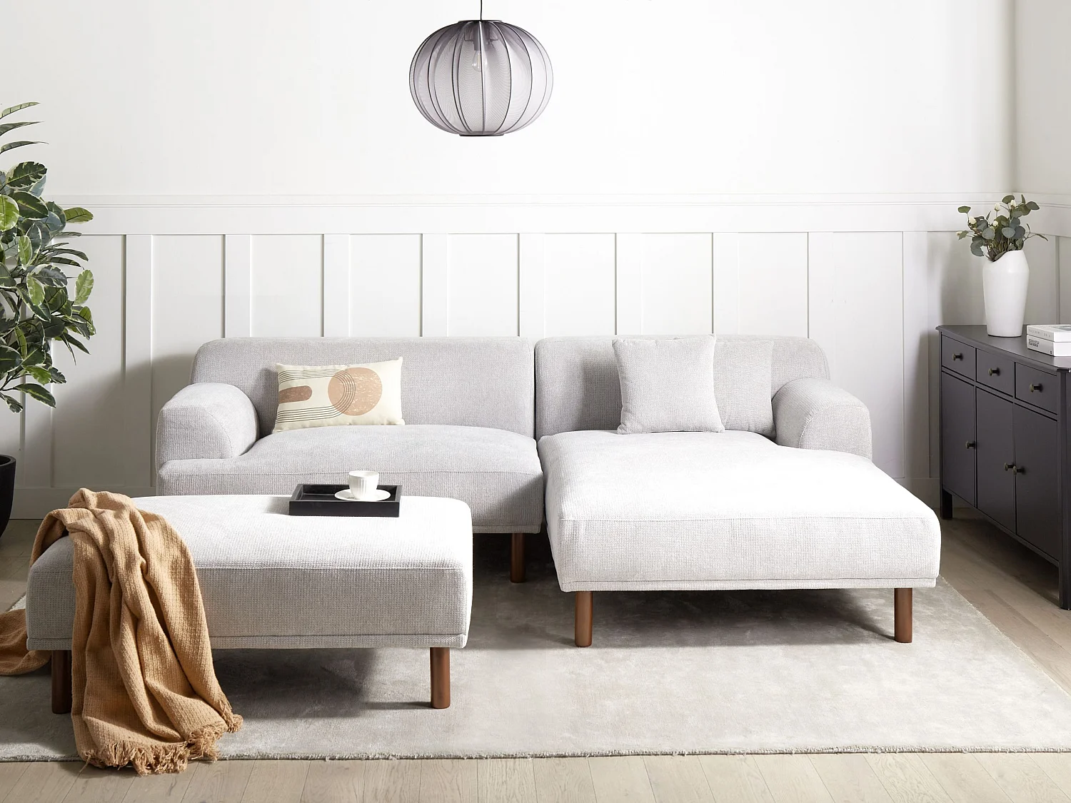 Canapé d'Angle à droite Minimaliste avec Ottoman Pouf en Tissu Gris Clair Holt