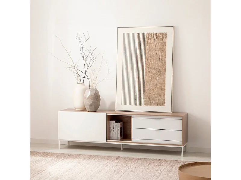 Meuble TV en bois naturel-blanc 180x55 cm-Denver