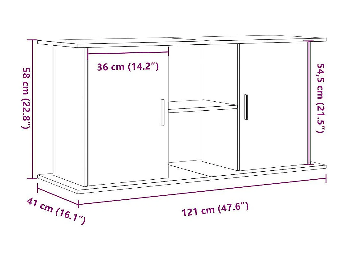 Supporto per acquario in rovere artigianale 121x41x58 cm in legno ingegnerizzato