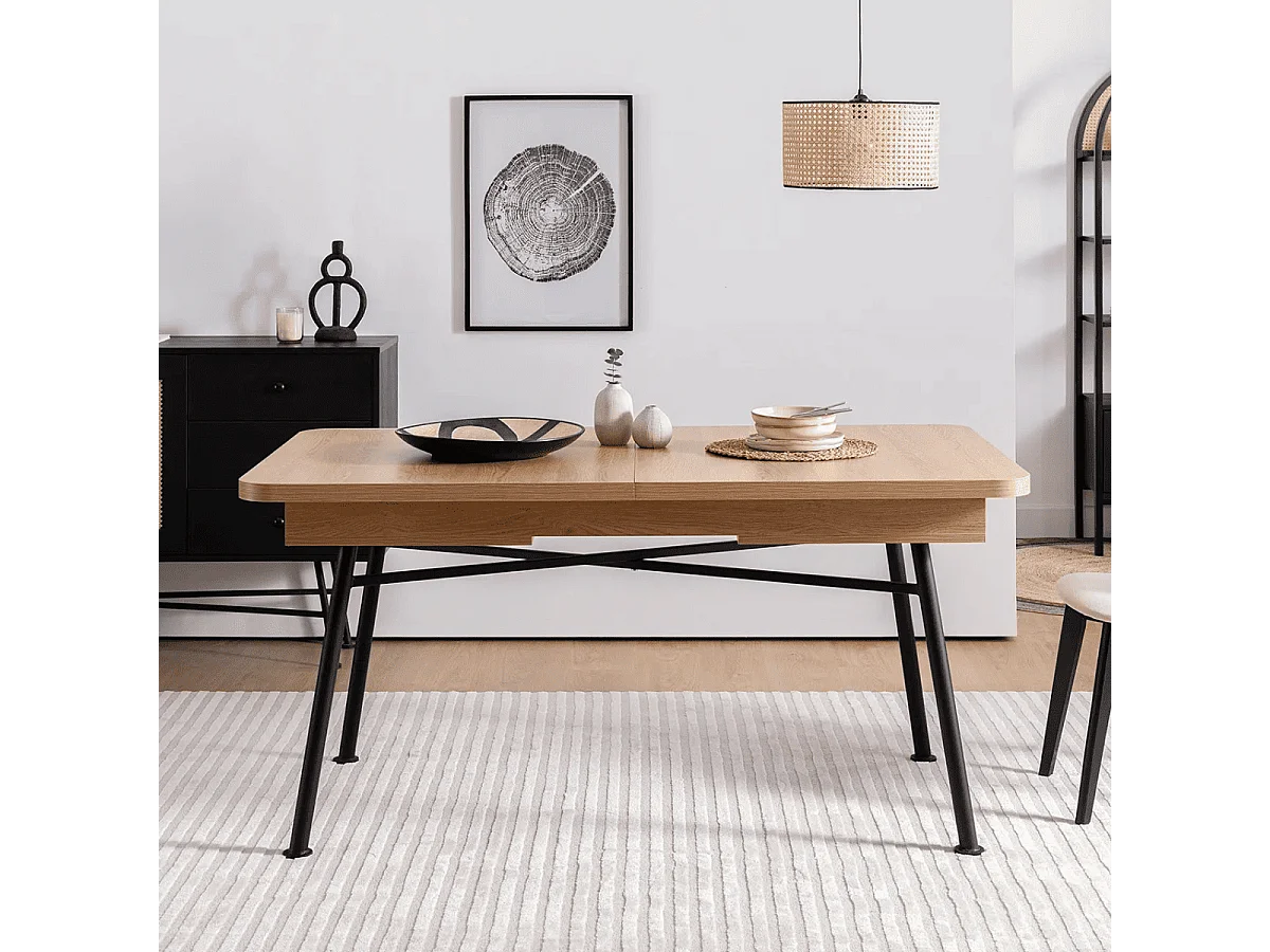 Uitschuifbare tafel van 160 tot 198 cm, eiken en zwart decor - NALA