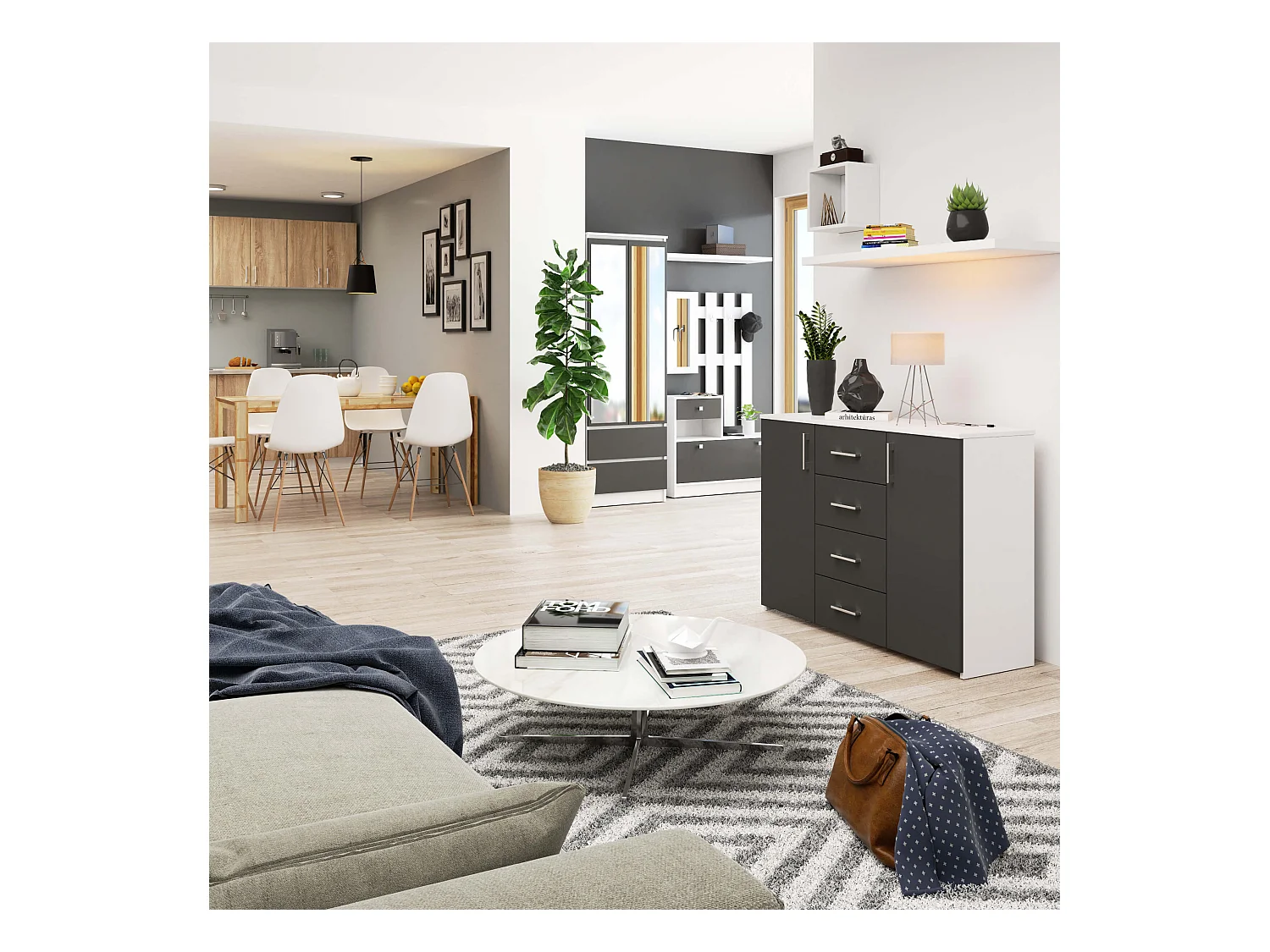 Commode AKORD K45 Blanche 110 cm 2 portes 4 tiroirs façade Gris Graphite 4 étagères 110x35x80 cm