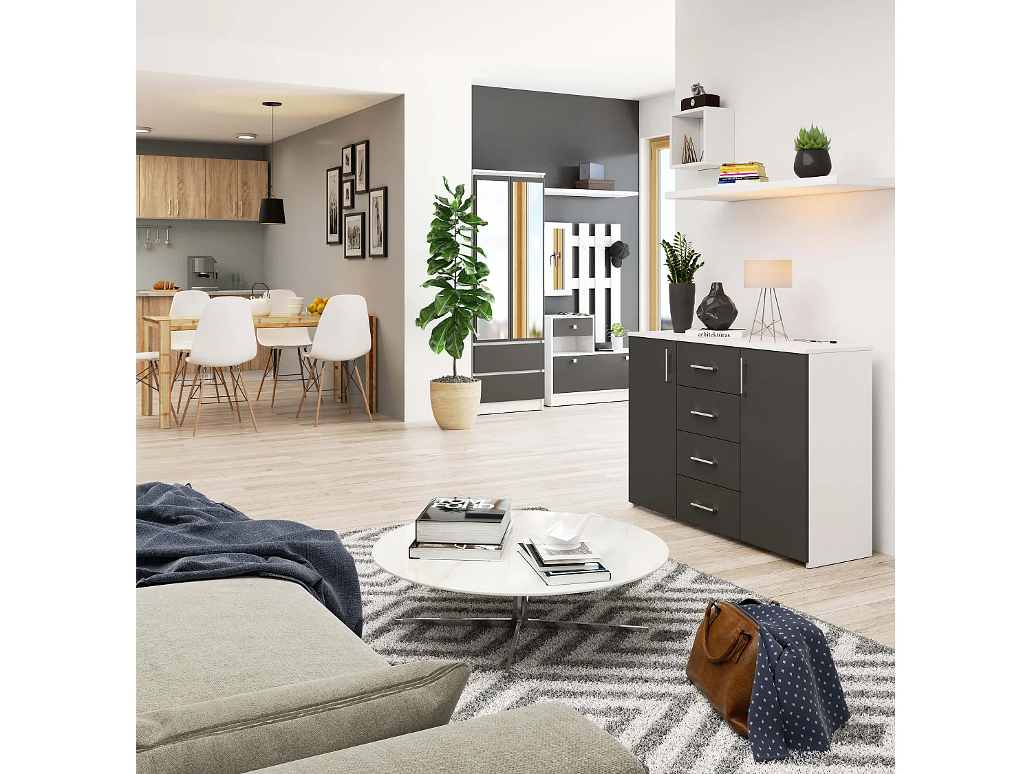 Komoda AKORD K45 Biała 110 cm 2 drzwi 4 szuflady kolor Grafit Szary mat 4 półki 110x35x80 cm