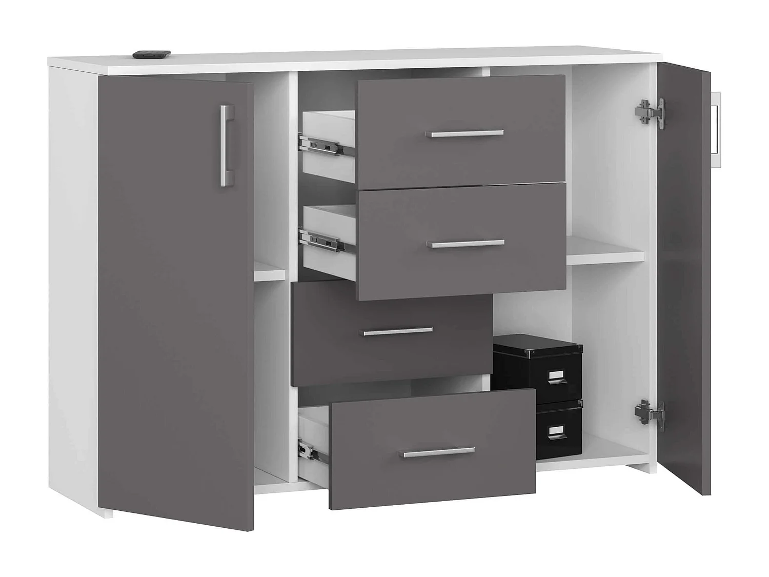 Commode AKORD K45 Blanche 110 cm 2 portes 4 tiroirs façade Gris Graphite 4 étagères 110x35x80 cm
