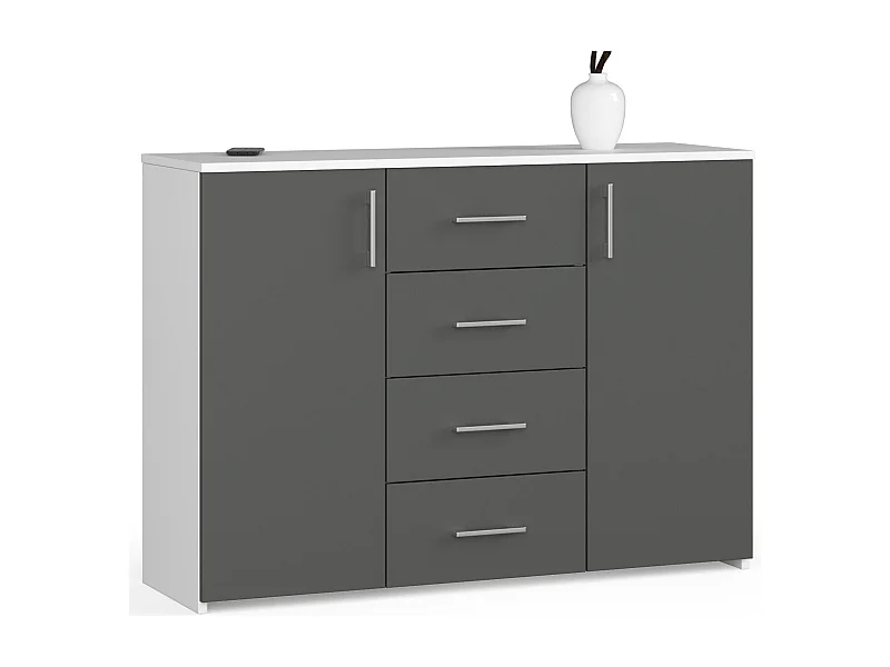 Commode AKORD K45 Blanche 110 cm 2 portes 4 tiroirs façade Gris Graphite 4 étagères 110x35x80 cm