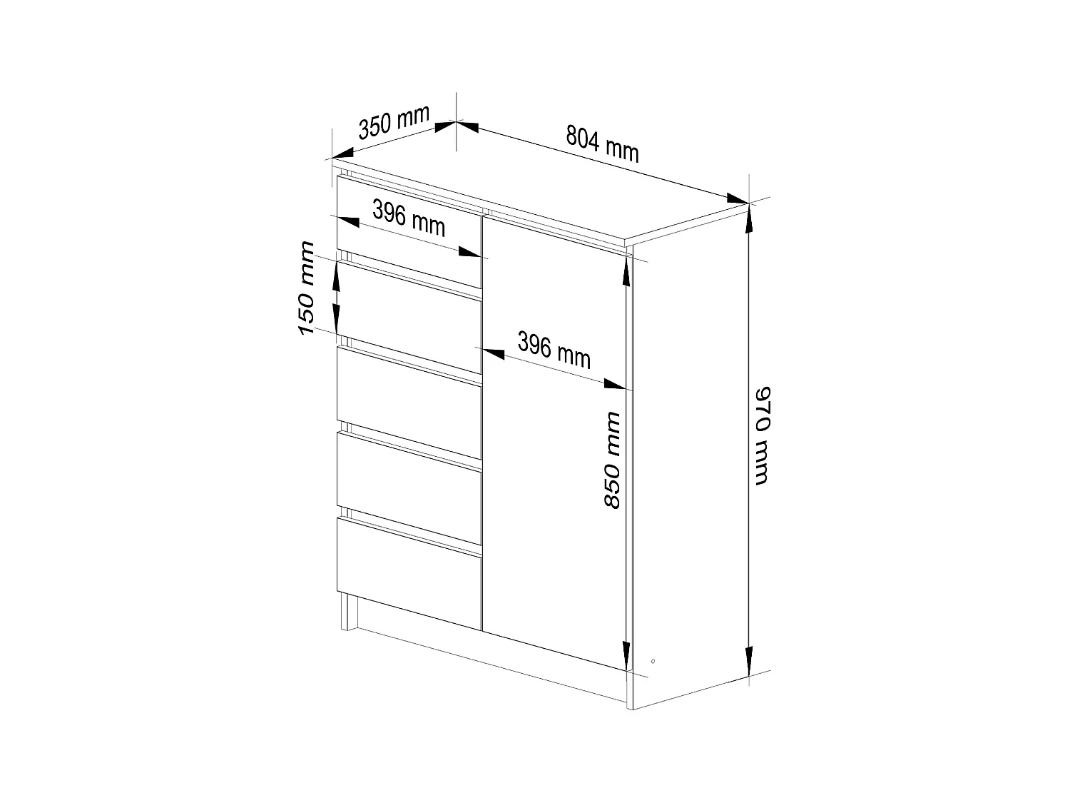 Commode AKORD K80 Chêne Sonoma 80 cm 1 porte 5 tiroirs façade Blanche 3 étagères 80x35x97 cm