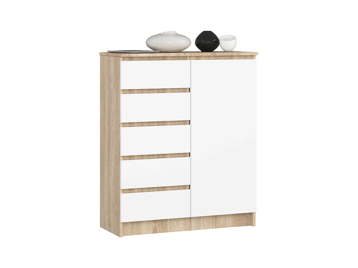 Commode AKORD K80 Chêne Sonoma 80 cm 1 porte 5 tiroirs façade Blanche 3 étagères 80x35x97 cm