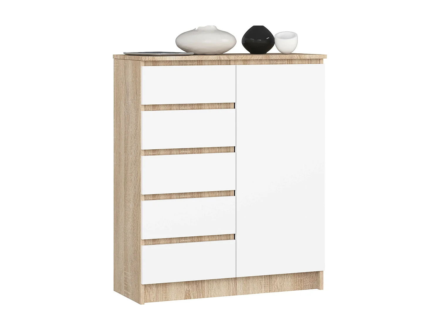 Commode AKORD K80 Chêne Sonoma 80 cm 1 porte 5 tiroirs façade Blanche 3 étagères 80x35x97 cm