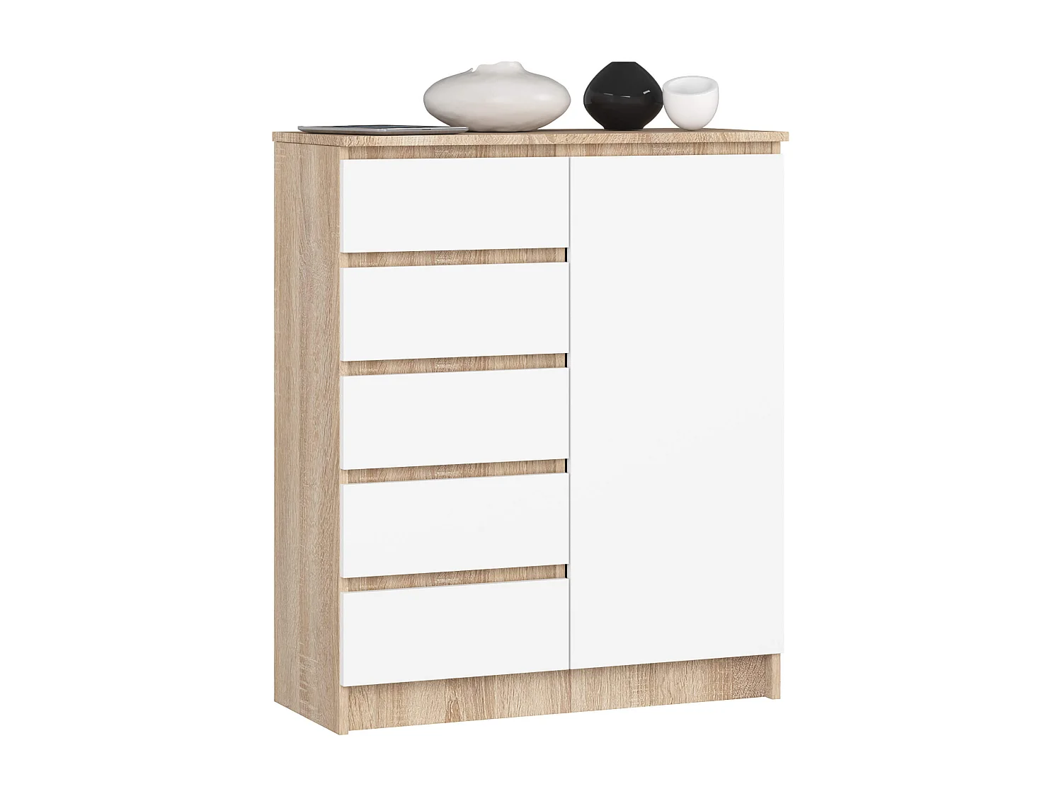 Commode AKORD K80 Chêne Sonoma 80 cm 1 porte 5 tiroirs façade Blanche 3 étagères 80x35x97 cm