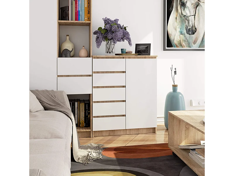 Kommode K80 met 5 Lades en 1 Deur / AKORD Furniture Factory / Sonoma Eik - Wit / 80 x 97 x 35 cm