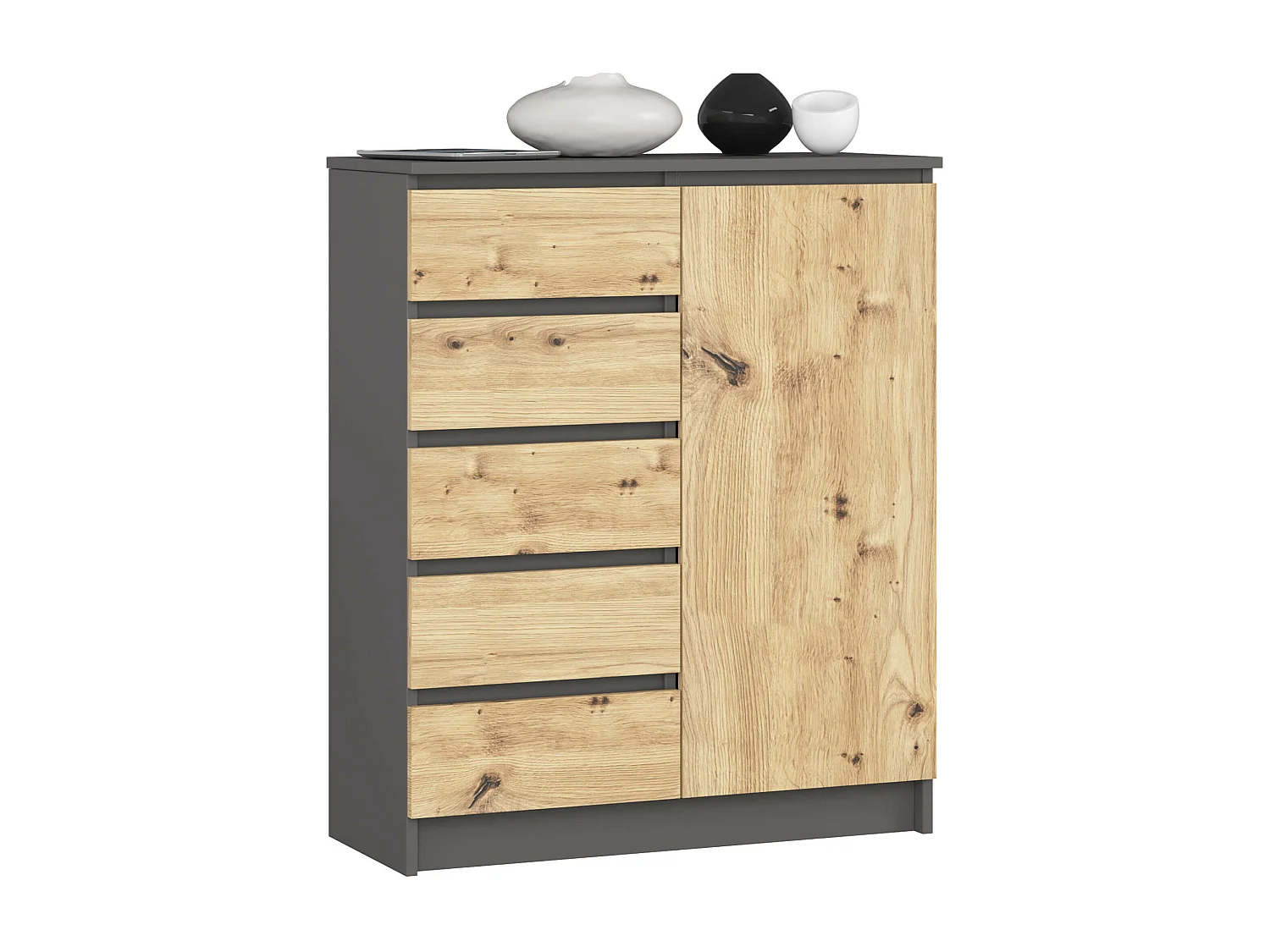 Commode AKORD K80 Gris Graphite 80 cm 1 porte 5 tiroirs façade Chêne Artisan 3 étagères 80x35x97 cm