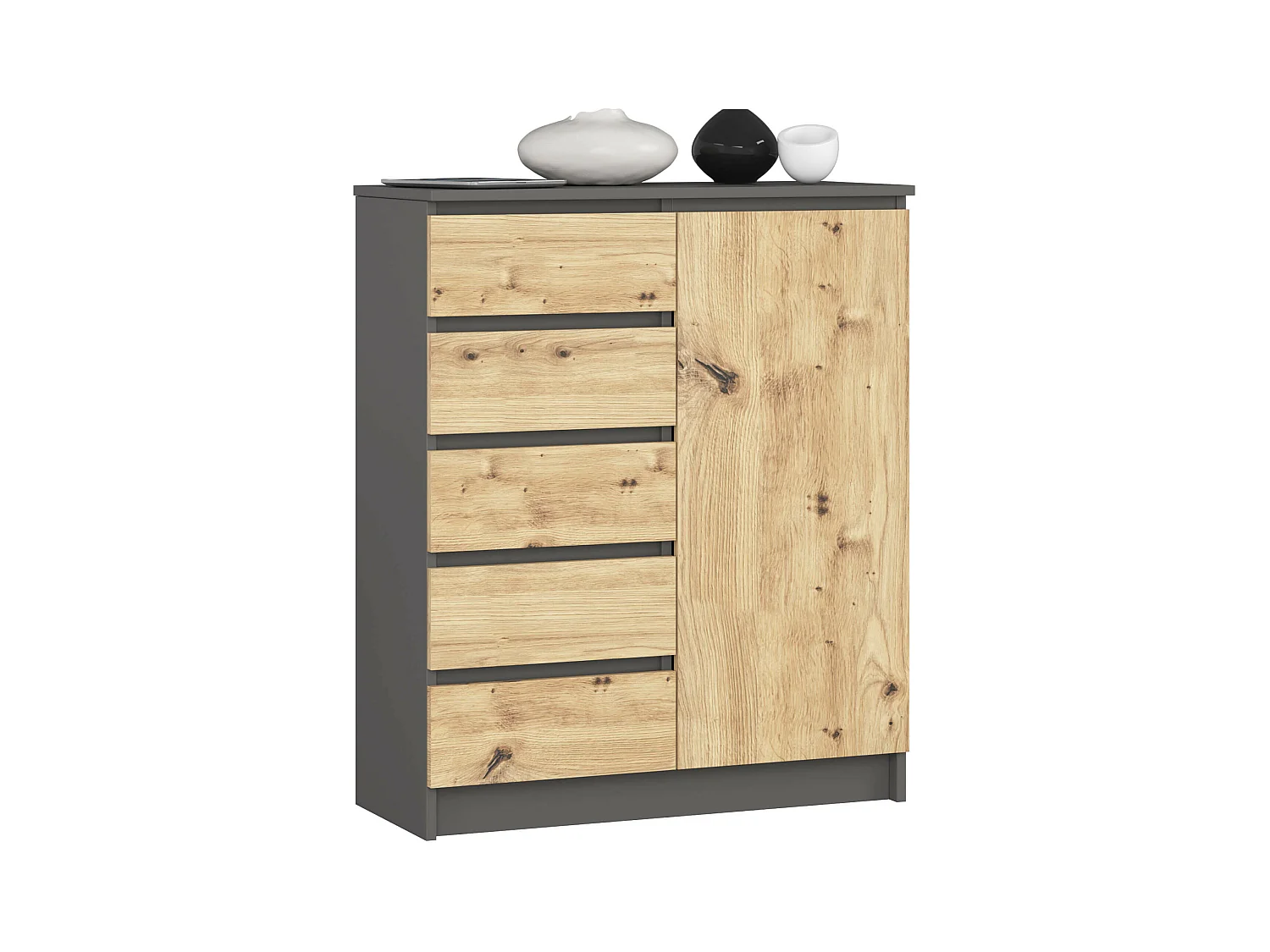 Commode AKORD K80 Gris Graphite 80 cm 1 porte 5 tiroirs façade Chêne Artisan 3 étagères 80x35x97 cm