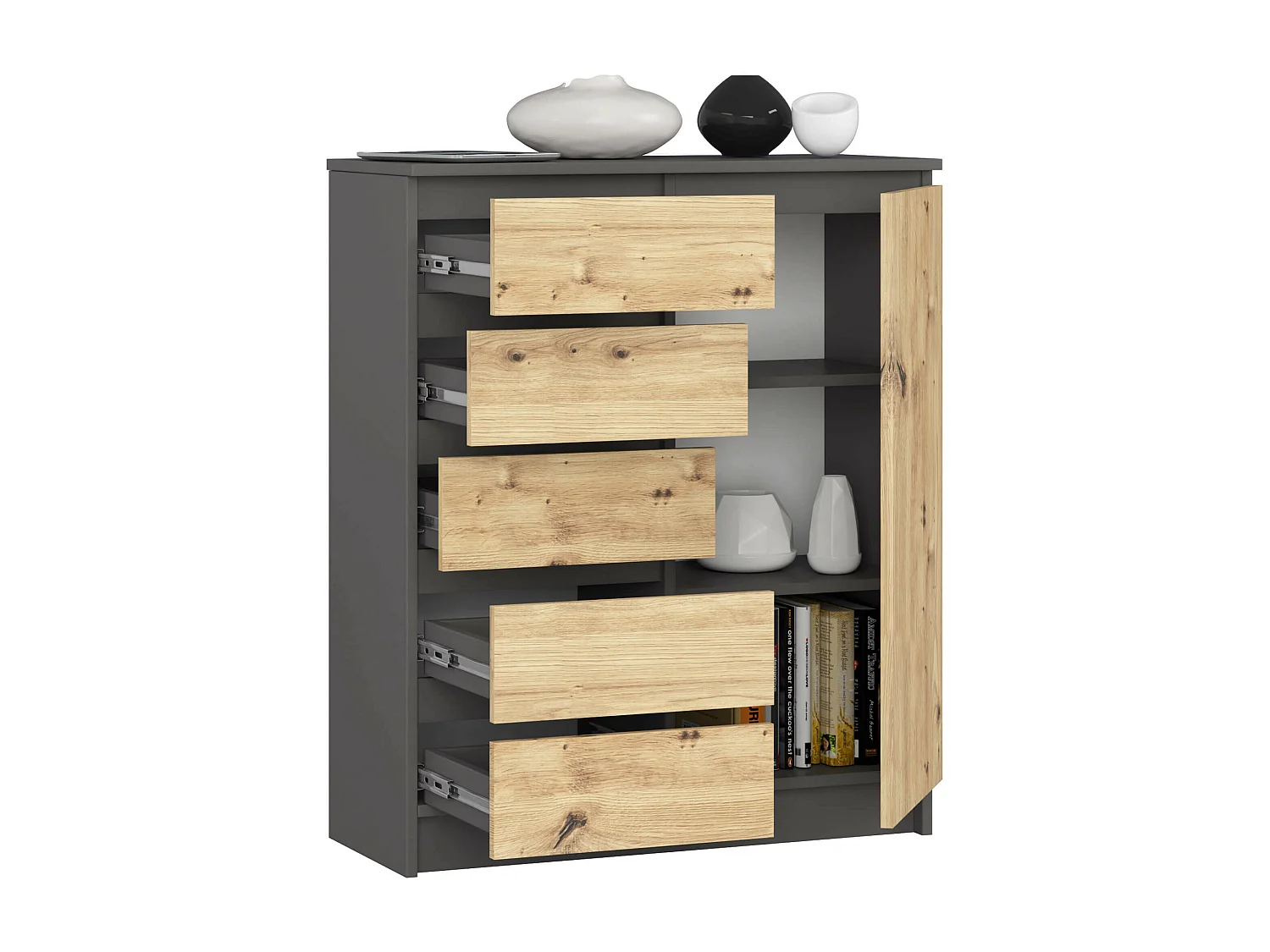 Commode AKORD K80 Gris Graphite 80 cm 1 porte 5 tiroirs façade Chêne Artisan 3 étagères 80x35x97 cm