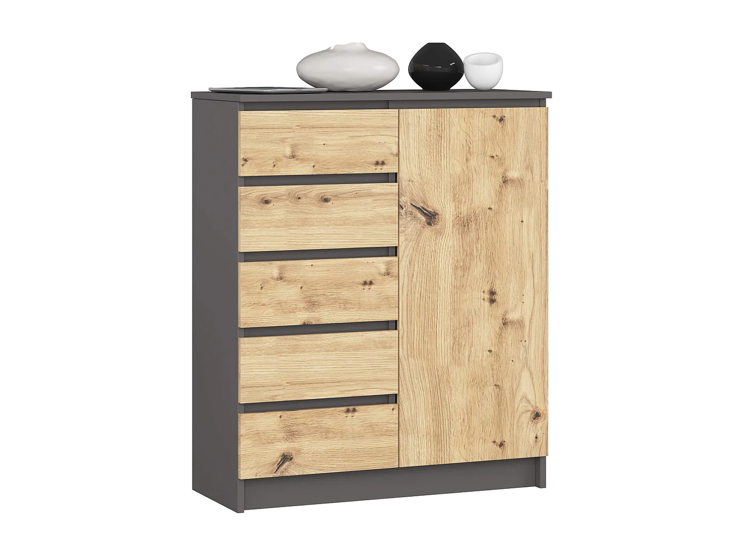 Commode AKORD K80 Gris Graphite 80 cm 1 porte 5 tiroirs façade Chêne Artisan 3 étagères 80x35x97 cm