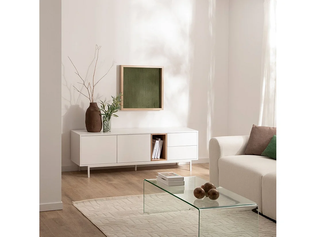 Meuble TV en laqué naturel-blanc 160x55 cm-Hazan