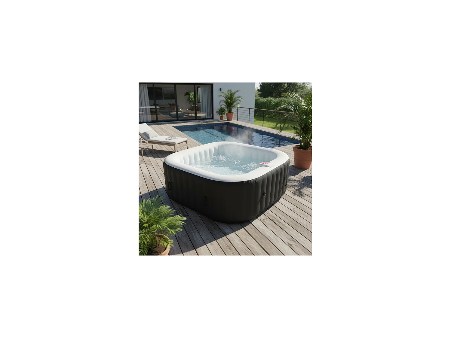 Aufblasbarer Whirlpool für 6 Personen, quadratisch – Ospazia – Maße: 185 x 185 cm – Inklusive Filter und Abdeckplane