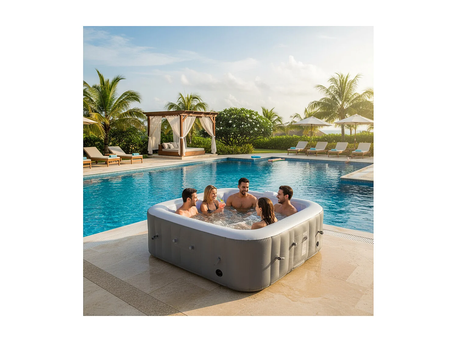 Quadratischer aufblasbarer Whirlpool für 6 Personen - Sunspa - Inklusive LED-Band - Maße: 185 x 185 cm