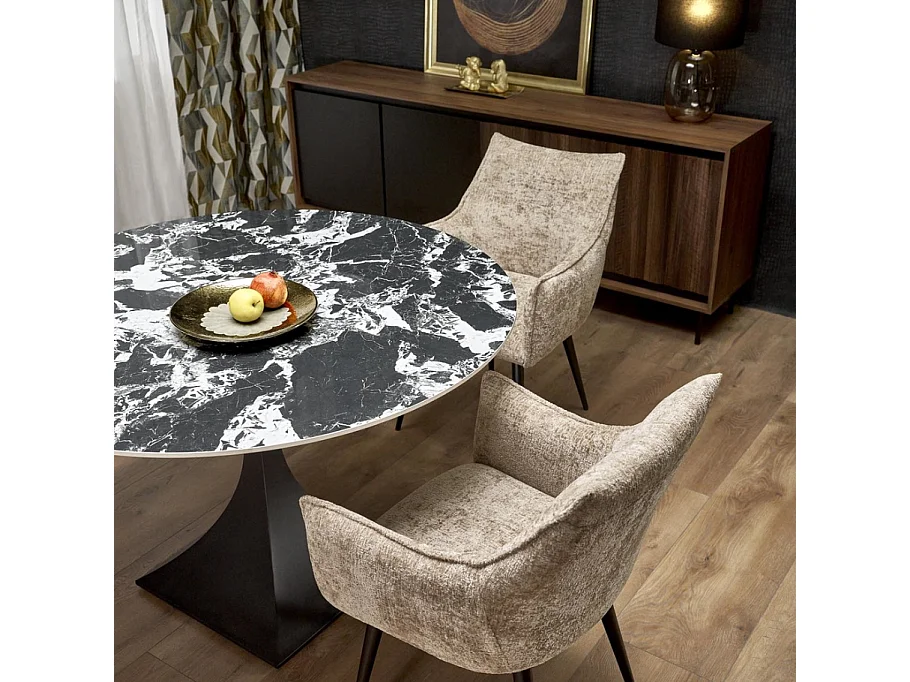 Table à manger ronde 120 cm marbre noir et pieds noir Lanuem