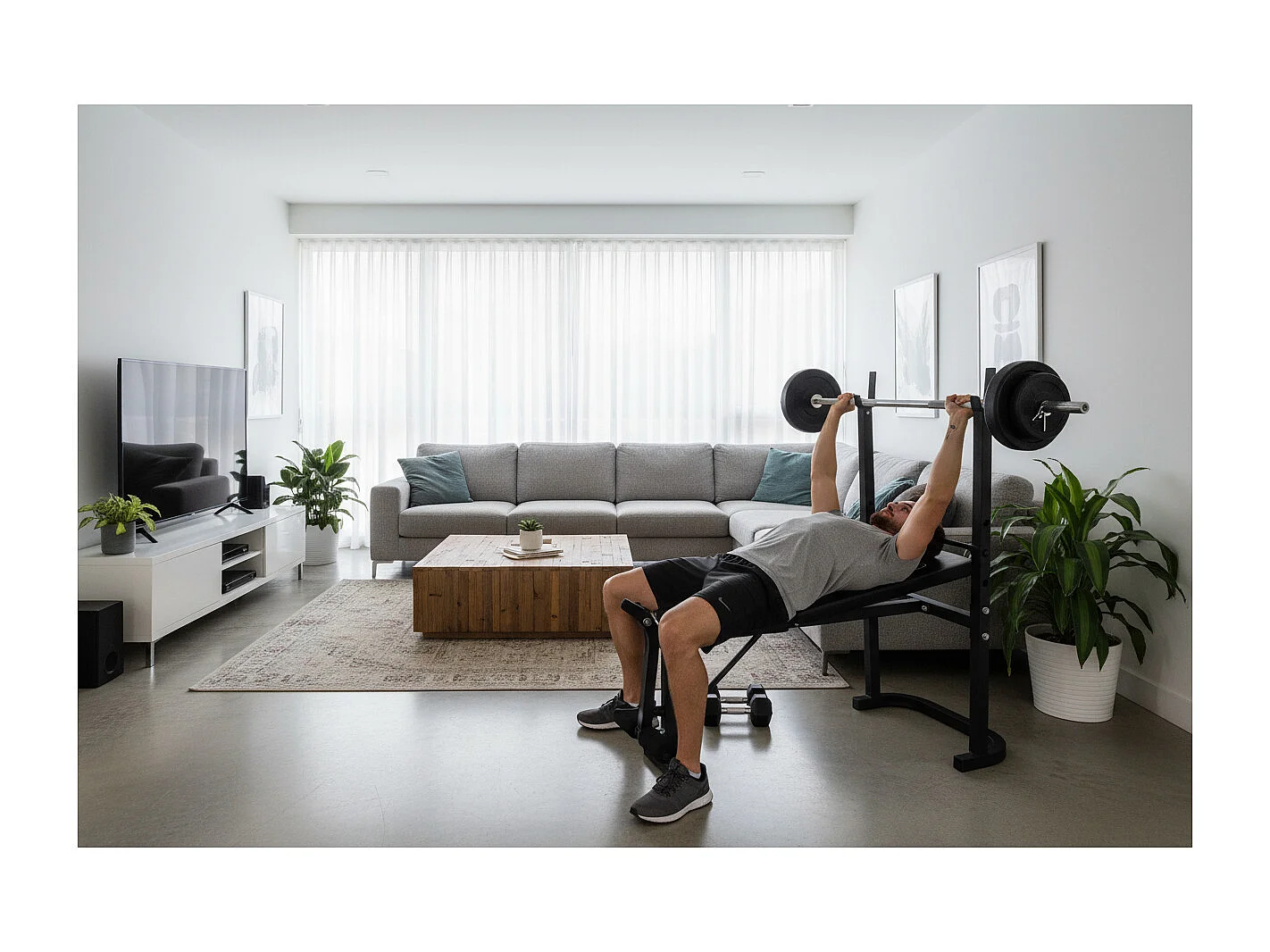 Banc de musculation avec poste jambe - Barre et 20 Kg de poids inclus - O'Fitness - Maison/appartement