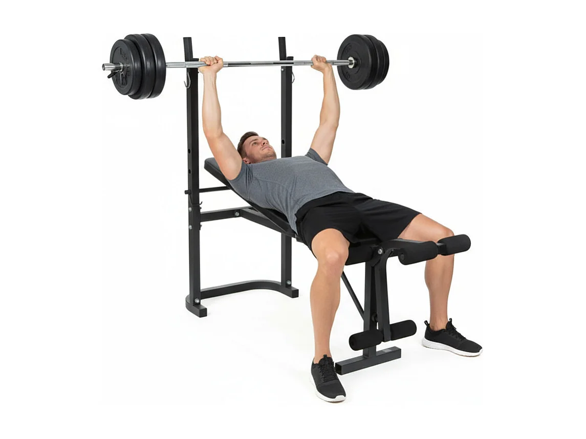 O'Fitness Gewichtsbank met stang + 20 Kg gewichten inbegrepen - - Ideaal voor lichaamsbeweging thuis