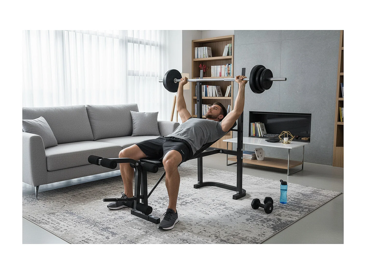 O'Fitness Gewichtsbank met stang + 20 Kg gewichten inbegrepen - - Ideaal voor lichaamsbeweging thuis