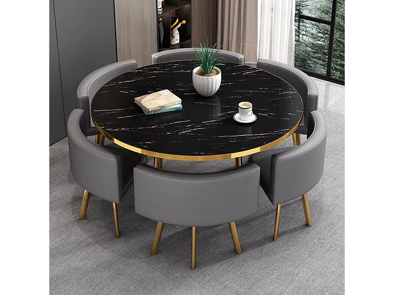 Table À Manger Ronde Effet Marbre Noir Et Chaises Encastrable Popup Xl - Couleurs - Marbre Noir Chai