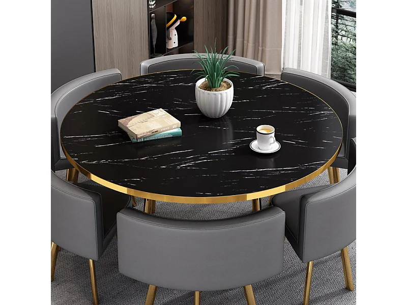 Table À Manger Ronde Effet Marbre Noir Et Chaises Encastrable Popup Xl - Couleurs - Marbre Noir Chai