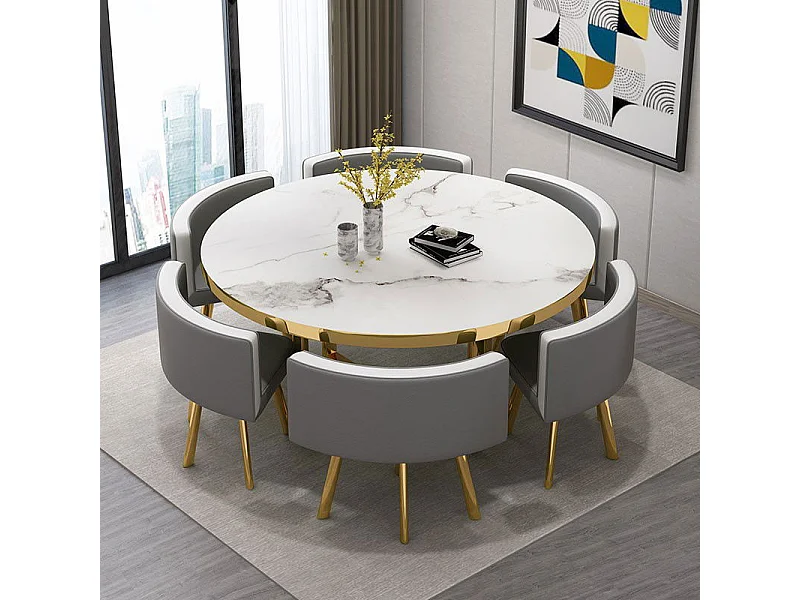 Table À Manger Ronde Et Chaises Encastrable Popup Xl - Couleur Table Pop - Marbre Blanc Chaises Gris
