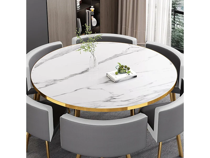 Table À Manger Ronde Et Chaises Encastrable Popup Xl - Couleur Table Pop - Marbre Blanc Chaises Gris