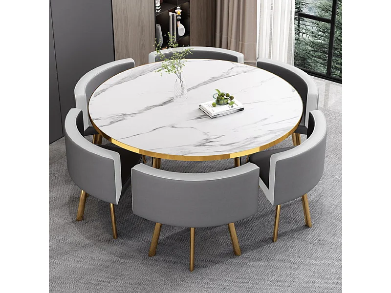 Table À Manger Ronde Et Chaises Encastrable Popup Xl - Couleur Table Pop - Marbre Blanc Chaises Gris