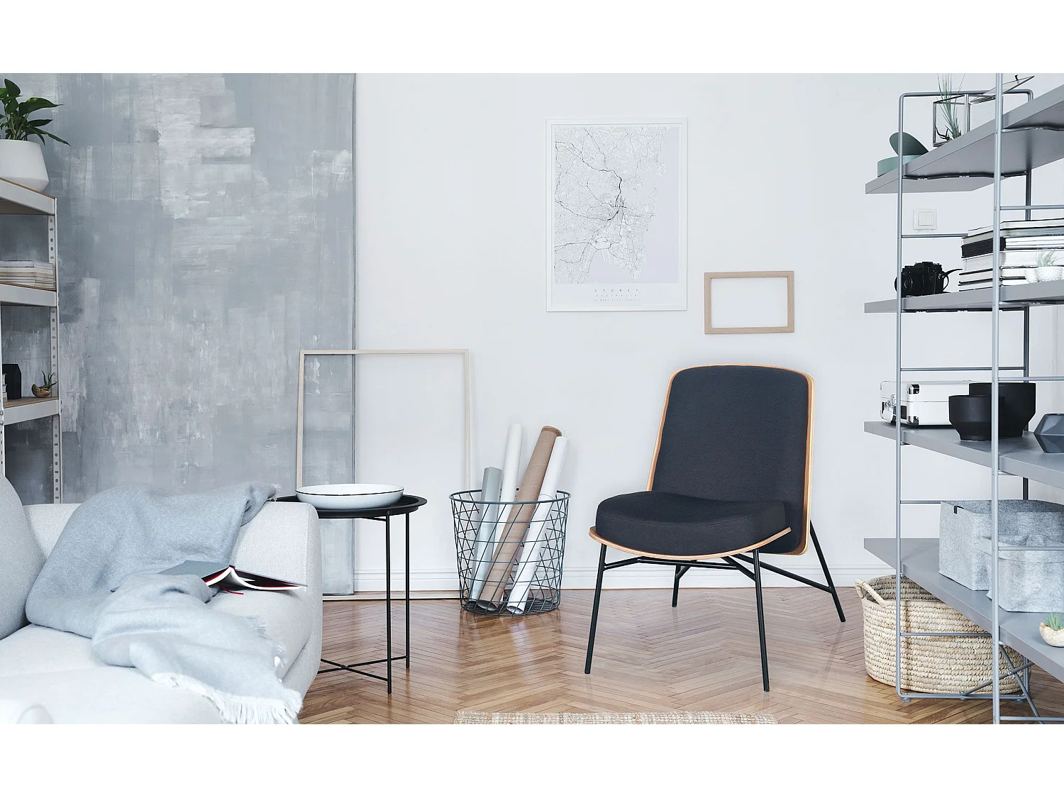 Fauteuil moderne Gauguin Bois clair et Tissu noir