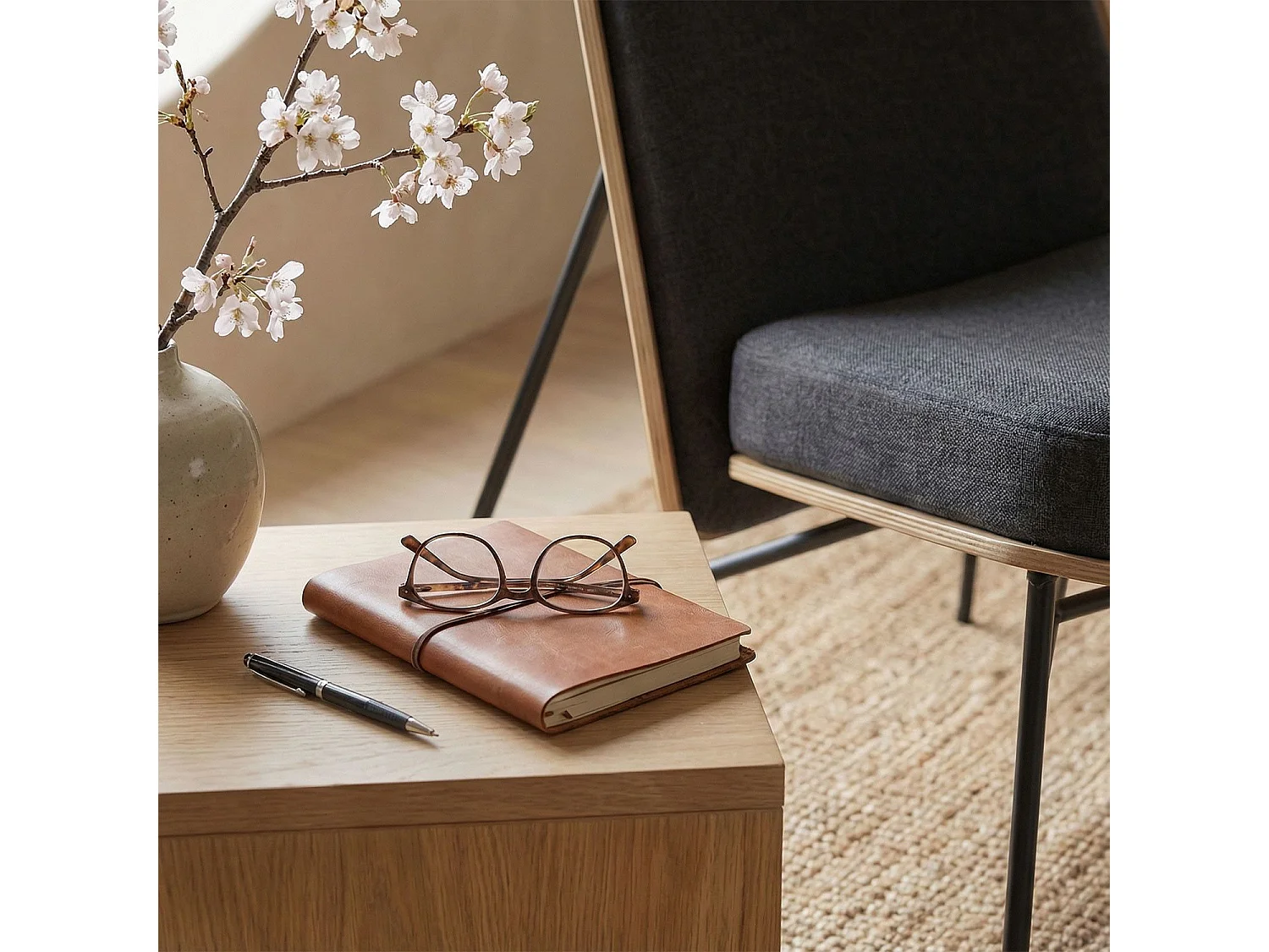 Fauteuil moderne Gauguin Bois clair et Tissu noir