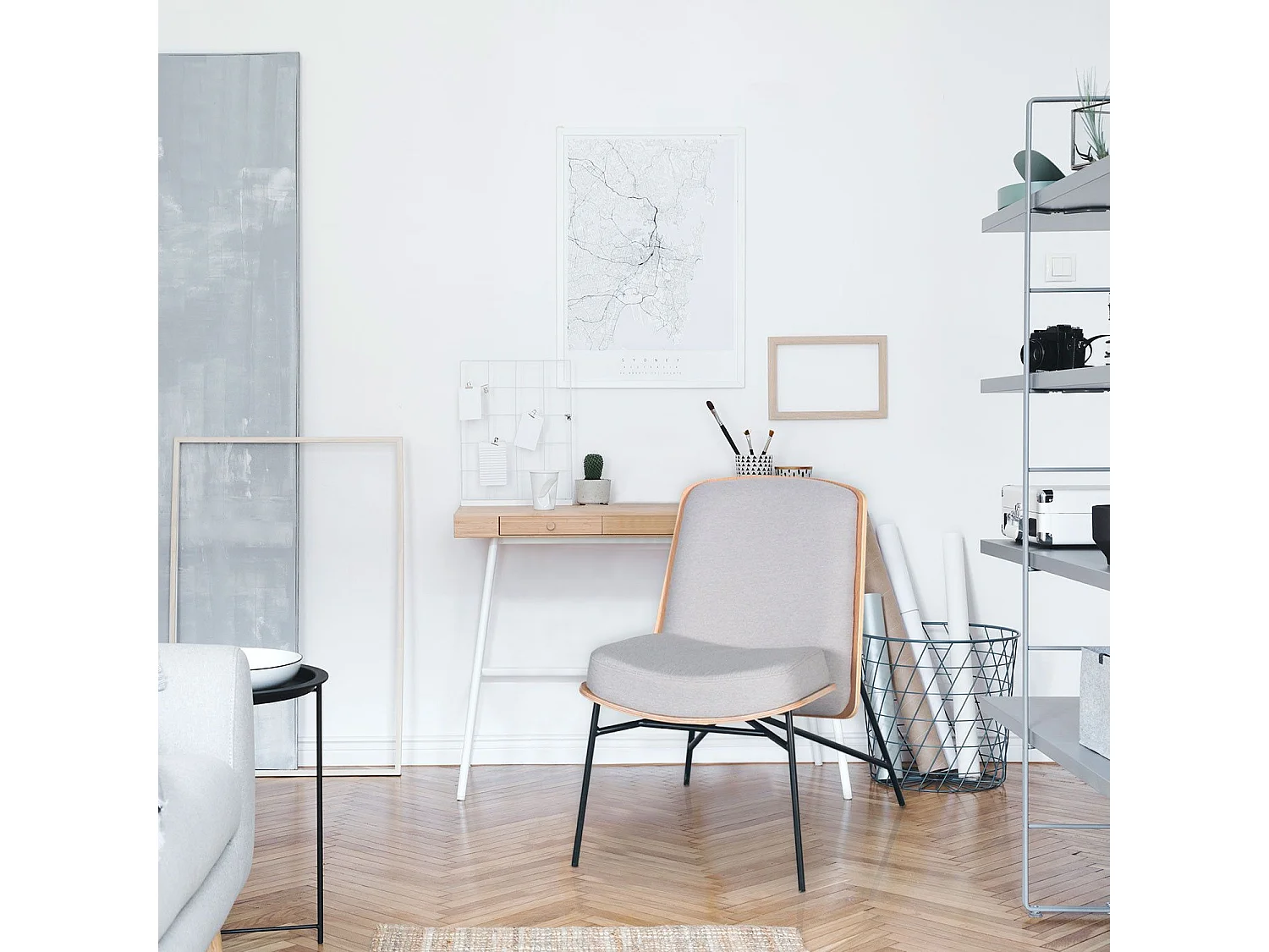 Fauteuil moderne Gauguin Bois et Tissu Gris clair