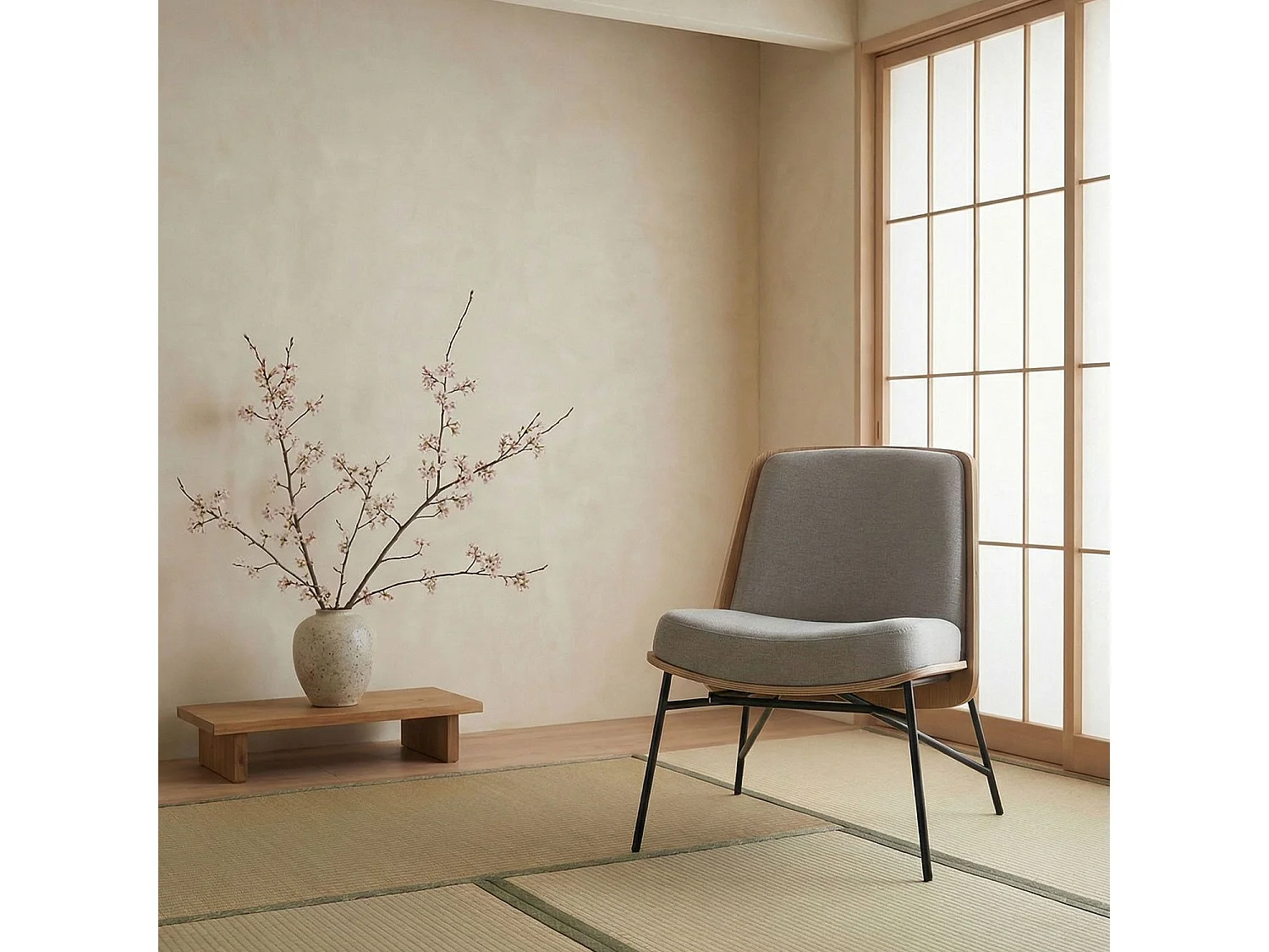 Fauteuil moderne Gauguin Bois et Tissu Gris clair