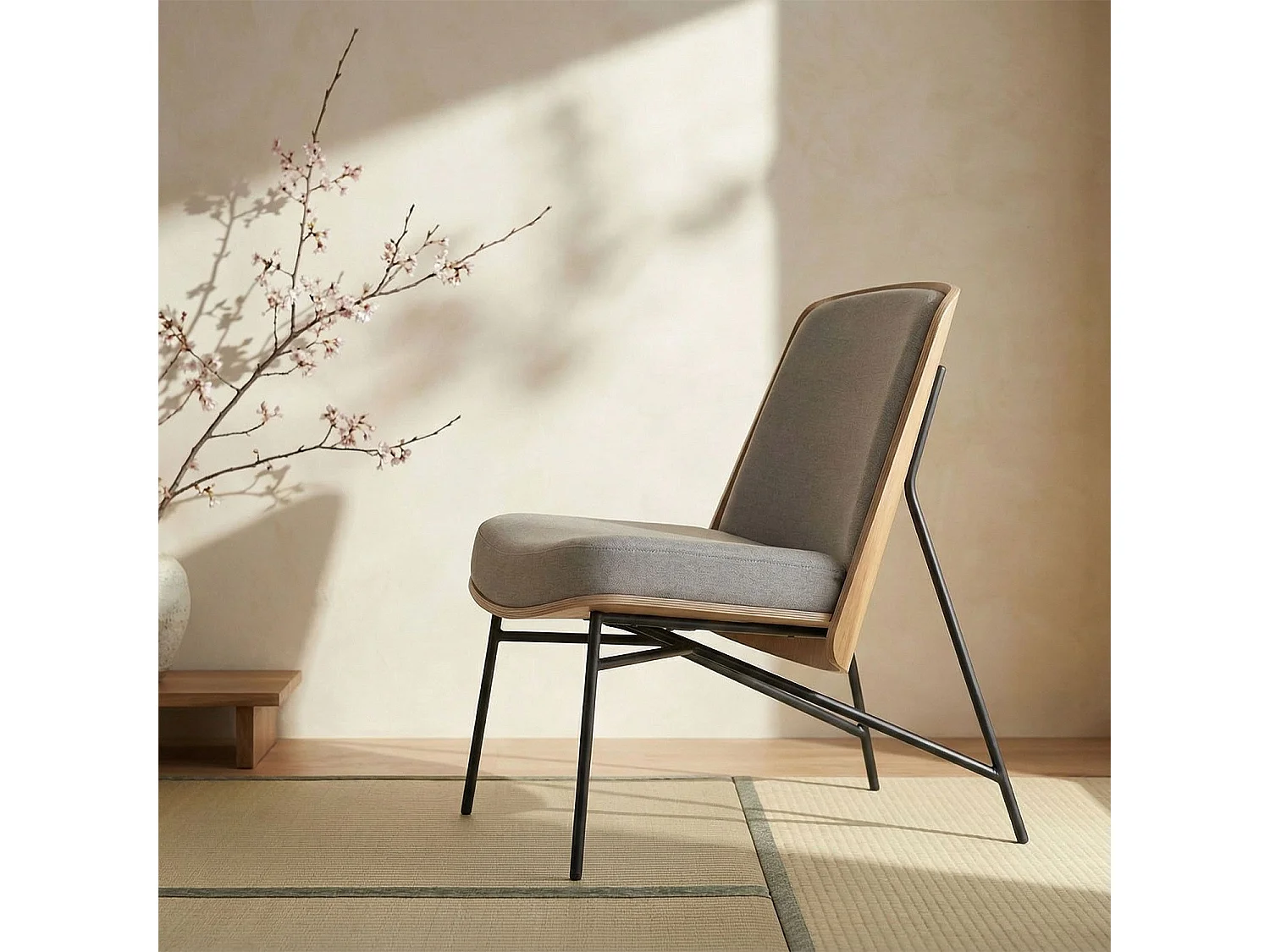 Fauteuil moderne Gauguin Bois et Tissu Gris clair