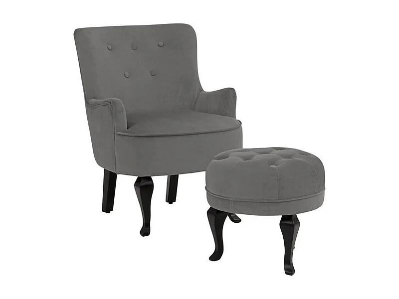 Dallas | Fauteuil + tabouret en velours gris