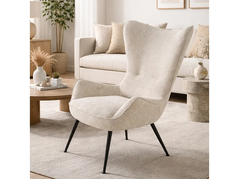 Fauteuil design en tissu crème avec pieds en métal noir Baralona