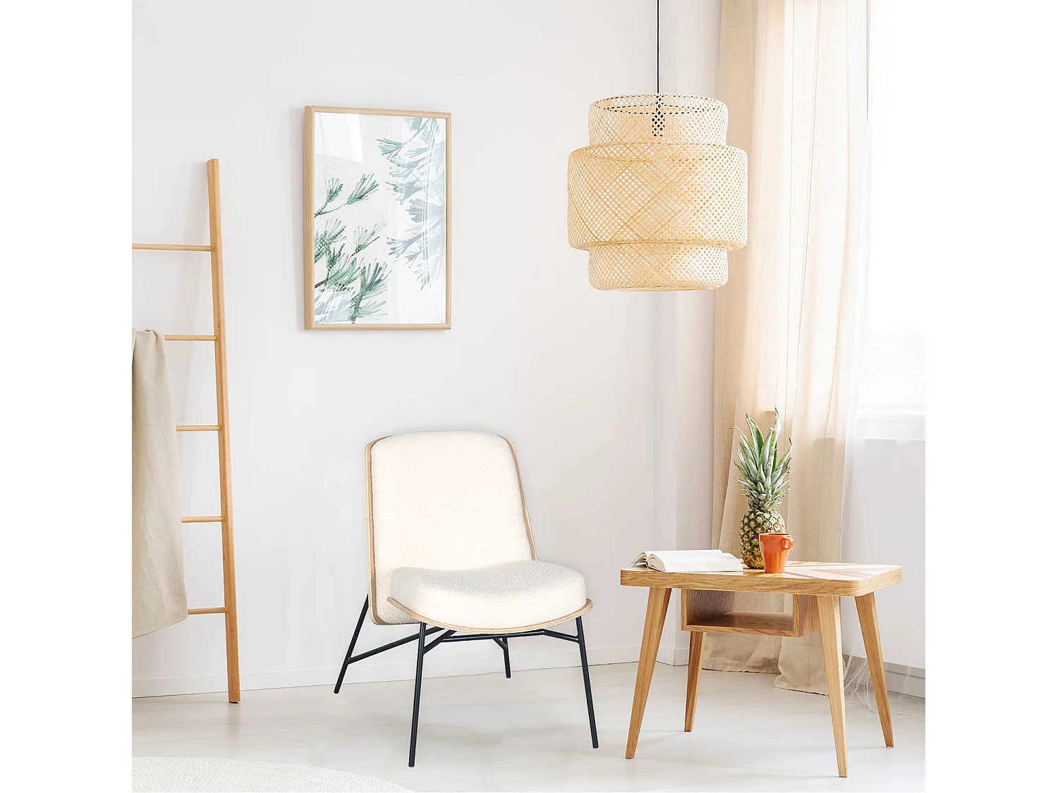 Fauteuil moderne Gauguin Bois clair et Tissu bouclette Crème